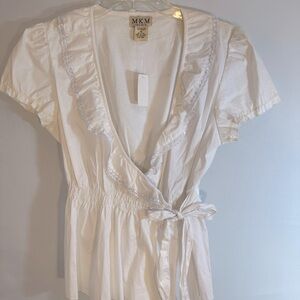 MKM Designs Womens Size M Blouse Wrap Tie Ruffle Lace Trim V-Neck Puff Sleeves